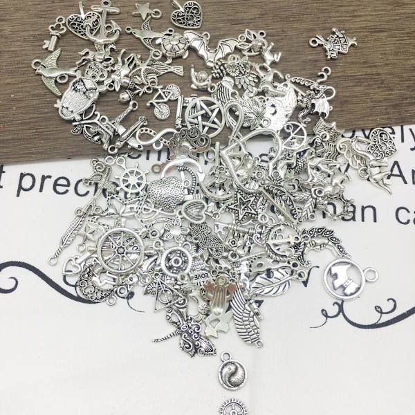 100 små silverlegering hängen halsband armband hänge örhängen handgjorda diy material kit