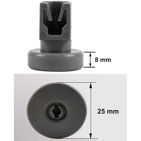 25mm diskmaskin hjul för övre korg - Kompatibel med Privileg, Faure, AEG, Electrolux, Zanussi, Ikea hjul. Komplett set med 8 hjul