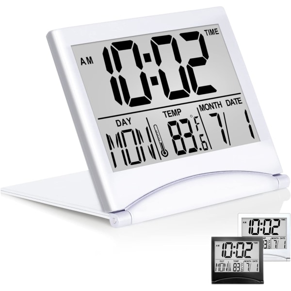 Digital Reseväckarklocka - Fällbar Kalender Temperatur Timer LCD Klocka med Snooze-läge (Silver, Ingen Bakgrundsbelysning)