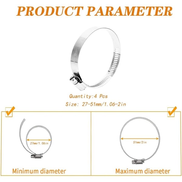 4 dele, spændehalskæde Justerbar slange 27-51 mm, 304 rustfrit stål, metalklemme, til hjemmegas, familievandrør, kabel, hane osv.