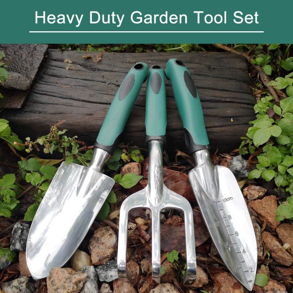 Gardening Tools Heavy Duty Cast Aluminum 3 Piece Gardening Kit Includes Hand Shovel, Grafting Shovel and Hand Rake with Soft Rubber Handle(Dark Gree