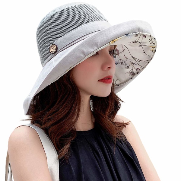 Kvinners Mesh Solhatter Sommer Strand UV Beskyttelse UPF Pakkbar Bred Bremskjerm Hakestropp