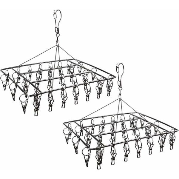 Torkställ för strumpor i rostfritt stål med 36 clips Slitstark tvätthängare med 360° vridbar krok och vindtät krok för strumpor, bh, underkläder, (paket med 2