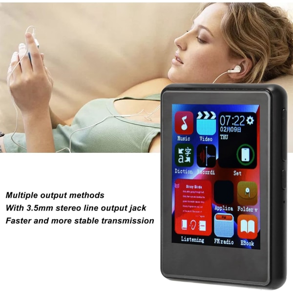 Mp3-spelare med Bluetooth, 2,4 HD full touch-skärm, ljudspelare, digital musikspelare med FM e-bok-funktion, bärbar musikspelare (16 GB)