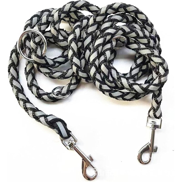 Hundesnor, reflekterende dobbeltline justerbar i nylon med 2 karabinhager og 3 ringe, 2,1 m sort line til multifunktionel hund til små/mellemstore