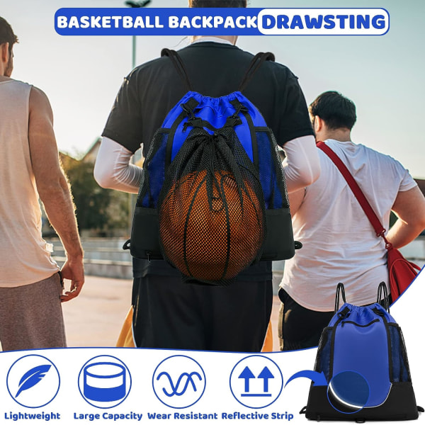 Snøresportbag (blå, ball ikke inkludert), basketballryggsekk for gutter og jenter, fotballstøvlettbag for gutter, sammenleggbar volleyball PE-bag, sportsbag Vi