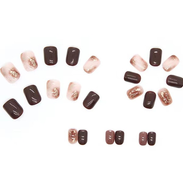Tryck på naglar korta fyrkantiga falska naglar med glänsande glitterdesign gyllenbrun gradient full täckning faux akryl franska falska nagellim damnaglar
