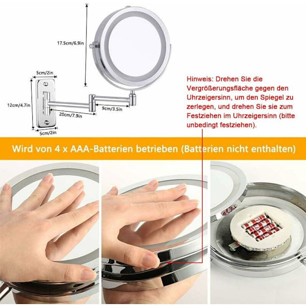 LED Belyst Sminkspegel, Väggmonterad 1x/3x Förstoring Dubbelsidig Sminkspegel, 360° Vridbar, Vikbar, Rakningsspegel, Krom Metall för Badrum