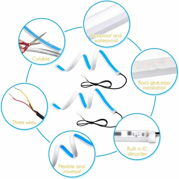 Kørelys, 60 CM Fleksible Kørelys Strimler, 2stk To-Farvede Kørelys Vandtætte IP65, Silikone LED Lysrør