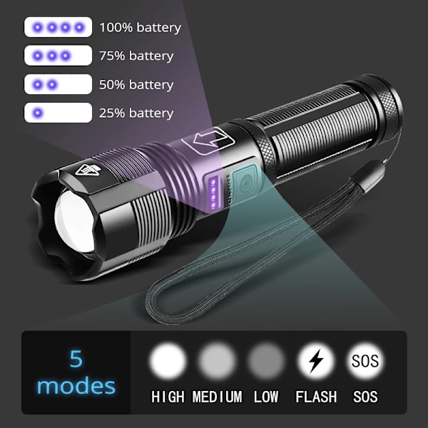 XHP50 starkt ljus utomhus självförsvar aluminiumlegering hög effekt USB uppladdningsbar ficklampa