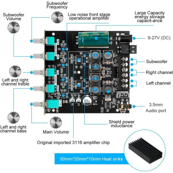 Bluetooth-vahvistinlevy HiFi Stereo 2.1 2X50W+100W 12V-24V Äänentoistotehovahvistinmoduuli Basso- ja diskanttisäätimet