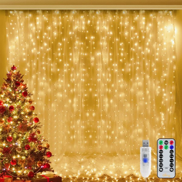 Innendørs julegardinlys - Varmhvit 300 LED 3m x 3m USB-drevne julelys 8 moduser/timer/fjernkontroll for utendørs/soverom/par