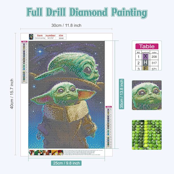 Yoda Diamantmålning Set för Vuxna och Barn, 5D Diamantmålning, Full Diamant Diamantmålning Kit Hem Väggdekoration Konst Diamantkonst (30x4