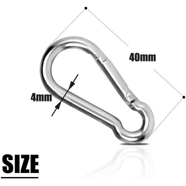 10 rustfrie stål 304 karabiner Små karabiner 40 mm x 4 mm Festekarabiner med klipslås Til å trekke verktøy og håndtak med en øye