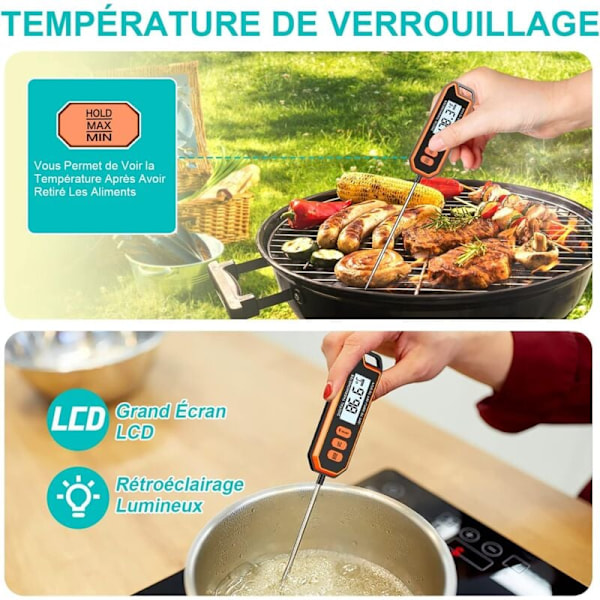 Vattentäta termometrar för kök, Cuison termometer med låsfunktion och 14,2 cm sond, LCD-skärm, hög precision för matlagning, kött, socker, grillning, st