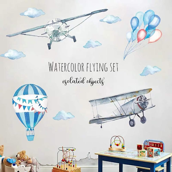 - akvarell veggklistremer gutt FLY og BALLONG blå (50*70 cm) I plakat varmluftsballong skyer dekorative klistremer I veggklistremer for barn