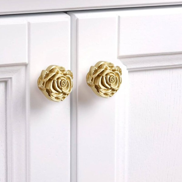 Rosa formet dørhåndtak i solid messing, 2 gyldne møbelknapper, gyldne møbelknapper, skuffhåndtak, for garderobe- og kommodesuffer