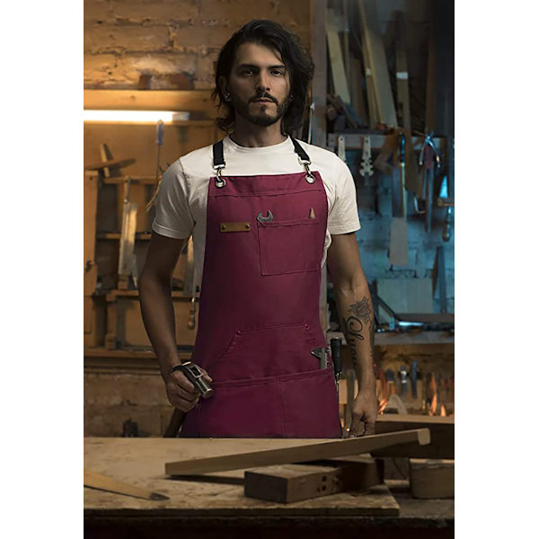 (Röd) Barber Apron med Verktygsficka - Canvas Apron med Snabbstängning, Justerbar Bokväska, för Män och Kvinnor