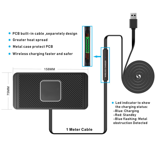 Trådlös billaddare, snabb trådlös laddningsplatta halkfri rem QC 3.0 billaddare för Airpods, iPhone 14/13/12, Samsung S22/S21/S20 (1M datakabel)