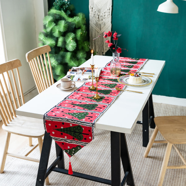 Bomulls- och linnedjulbordstablett 14\" x 72\" lång Buffalo Plaid Röd Rutig Julgran Älg Halkskydd Rektangel Bordsdukning Nytt År Vinter Ho