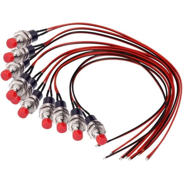 Momentary trykknapkontakt, Mini trykknapkontakt med forloddede 20AWG-ledninger, SPST 2-polet ON/OFF trykknapkontakt til bil, pc, bordlampe (10 stk.