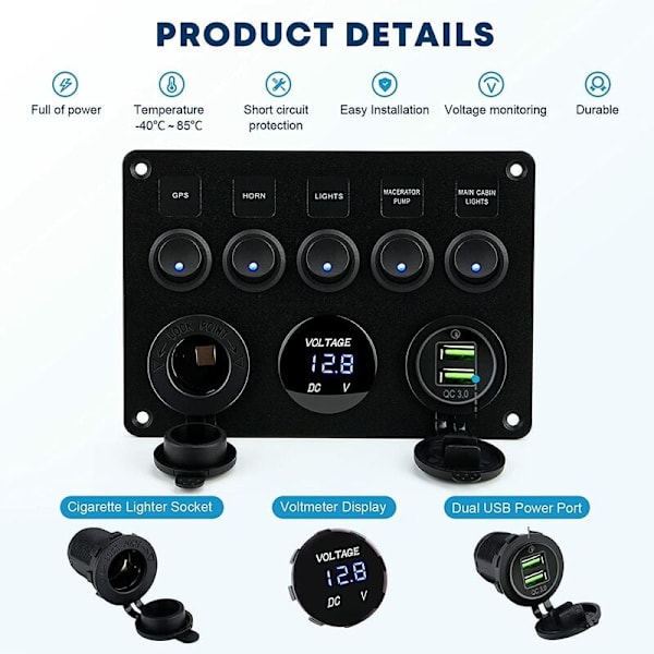 5-vägs Rockerströmbrytare Panel Toggle Switch Panel Elpanel Båt Bil Vattentät Dubbel USB DC 12V/24V LED Lastbil Trailer Marin Fordon SUV Husbil