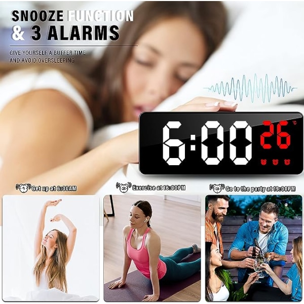 Digital väckarklocka, 6,7\" LED digital väckarklocka med temperatur/röstaktiverad/icke tickande/snooze/datumtid justerbar ljusstyrka för barn