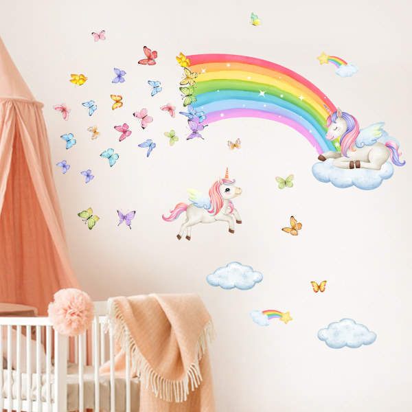 Rainbow Wall Decal Unicorn Rainbow Butterfly Cloud Wall Sticker Baby Kids Room Girls Bedroom Living Room Wall Decor