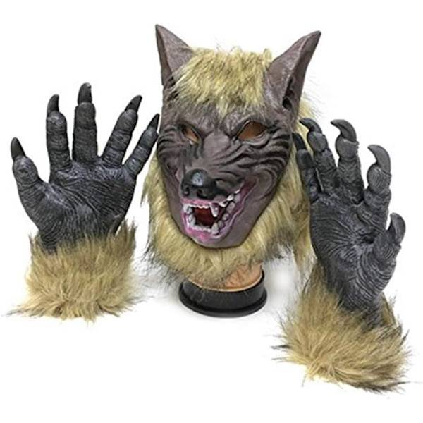 Bad Wolf med klo handsker maske - Perfekt til karneval, Halloween og fastelavn - Voksenkostume - Latex, Unisex One Size