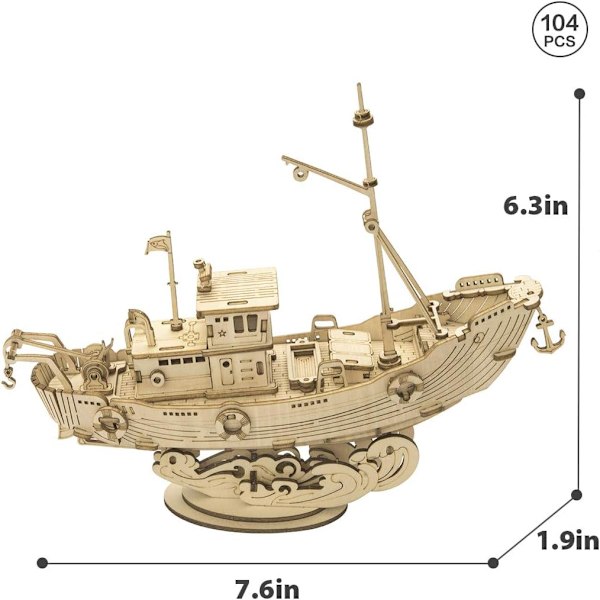 Fiskebåt 3D-pussel i trä, modellbygge för vuxna att bygga, heminredning dekoration julklapp idé TG308