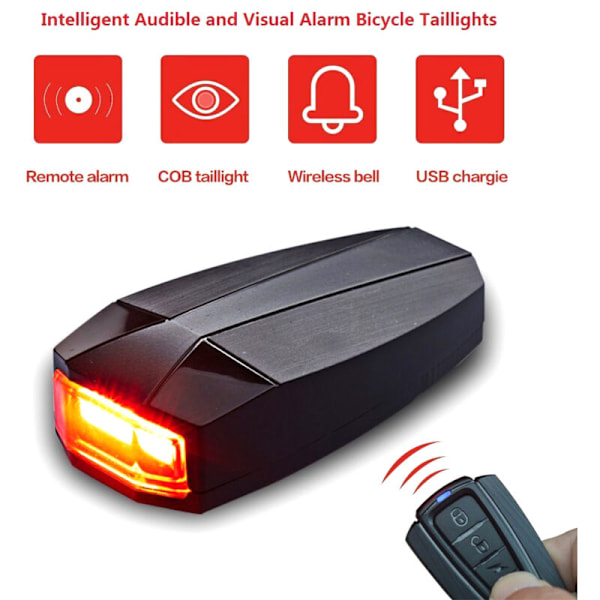 Intelligente tyverisikre sykler, LED-alarm, sykkelstroboskop, elektrisk ringeklokke med trådløs fjernkontroll, USB-kabel, tilbehør til terrengsykkel