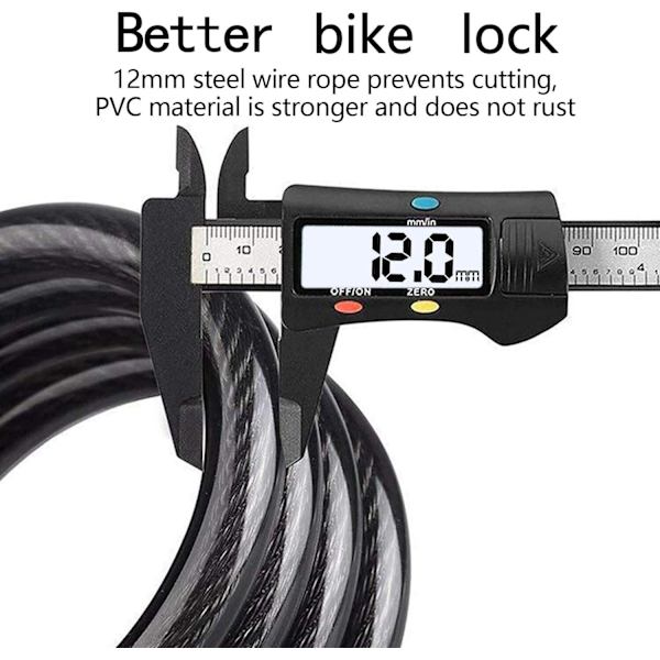 Sort cykel lås, cykel lås lang 120cm x 12mm, kabel lås til cykel scooter motorcykler cykel port med 5 cifret smart kode og klapvogn cykel, cykel lås