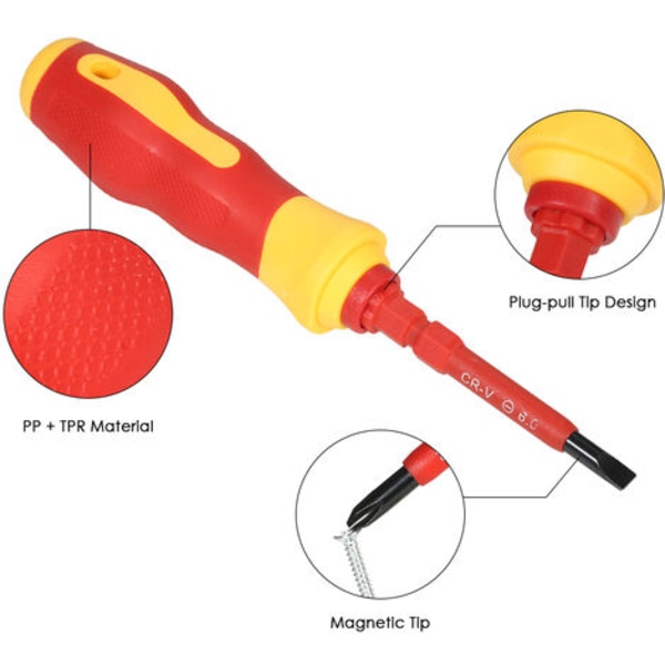 7 i 1 Elektrikerens Isolerte Skrutrekkersett Kryss/Enkelt med Dobbelthodet Magnetisk Skrutrekker
