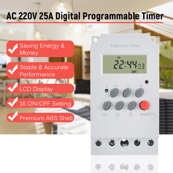 Ohjelmoitava digitaalinen ajastin AC 220 V 25 A, Elektroninen ajastinohjain DIN-kiskolle LCD- ja kellonäytöllä