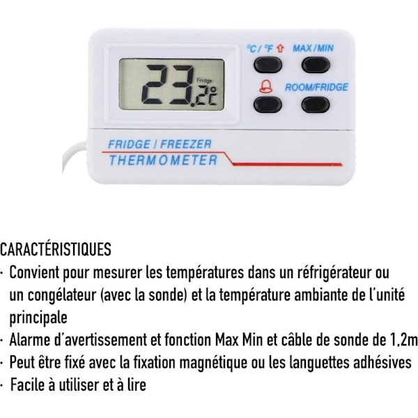Digital kyl- eller frysskåpstermometer - med alarm - Max min funktion - 1,2 m kabel