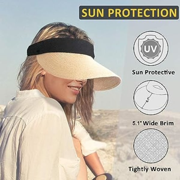 Beige strå solskjermhatt for kvinner Bred brem sommervisir Anti-U