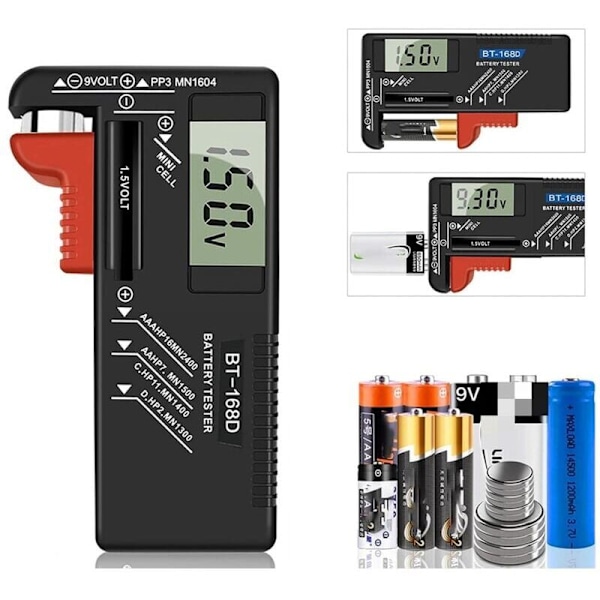 Digital batteritester, universal batteritester, batteritester, til AA, AAA, C, D, PP3, 9V, 1,5V, knapcellebatterier - Virker uden batteri