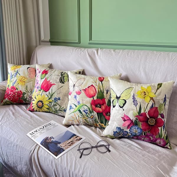 Set med 4 kuddfodral, kuddfodral 45x45 kuddfodral dekorativa soffkuddfodral för sovrum, soffa, stol, säng, trädgård (Blomma-Linne)