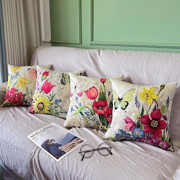 Sett med 4 putetrekk, putetrekk 45x45 putetrekk dekorative sofaputetrekk for soverom, sofa, stol, seng, hage (Blomster-Lin)