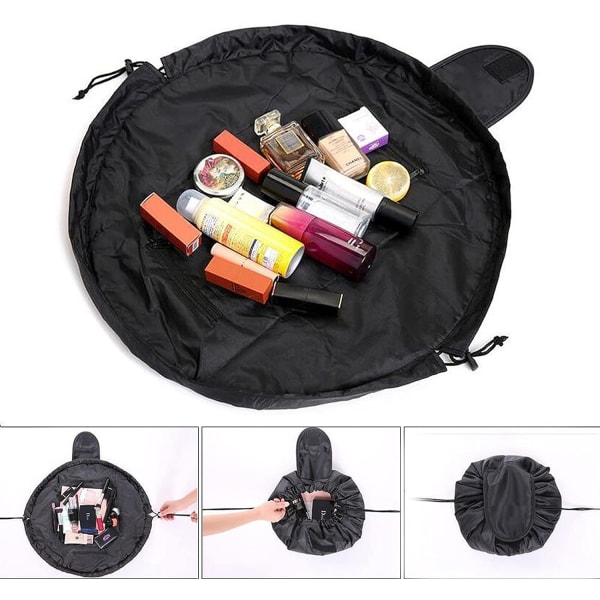 Cosmetic Bag 48*48cm(Black)，Makeup Bag, Drawstring Design One-Step Organizer, Cosmetic Pouch for Lazy Women