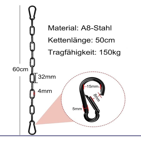 4-osainen jatkoketju riipputuolille Ø4mm 50cm Metalliketju Balançoire-kanava 8 karabiinilla Avaimenperä