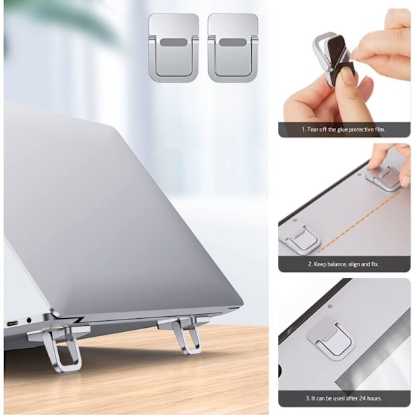 2-delat laptopstöd, hopfällbart stöd, självhäftande datorstöd, ergonomiskt och osynligt, kompatibelt med många laptops (silver)