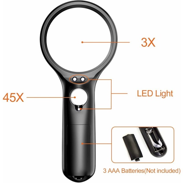 Lukulasin suurennuslasi, 3x 45x LIGHT LAGUE 3 LEDillä, korkea selkeys ja valoisa suurennuslasi, vanhusten lukemiseen, lasten vapaa-aikaan, havainnointiin