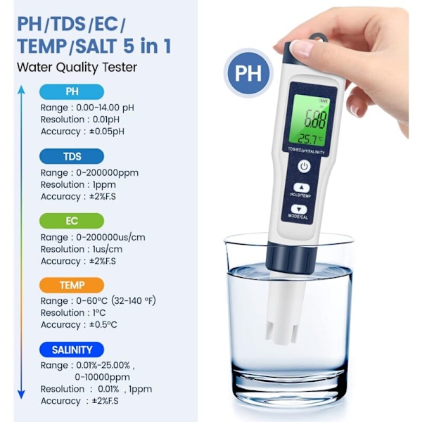 PH tds måler, vandkvalitetstester 5 i 1 pH/tds/EC/salt/temperatur tds måler lcd grøn baggrundsbelysning til pool/akvarium/dam