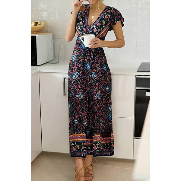 Kvinders 2023 Boheme Blomsterprint Wrap V-hals Kortærmet Slid Strandfest Maxi Kjole