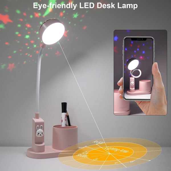 Børne skrivebordslampe, studielampe (lyserød) med penneholder, automatisk