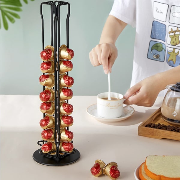 Roterande kaffekapslarhållare, kaffekapslar karusell, motroterande kaffekoppshållare, rymmer 32 kapslar, 360 graders rotation, perfekt för hemmet