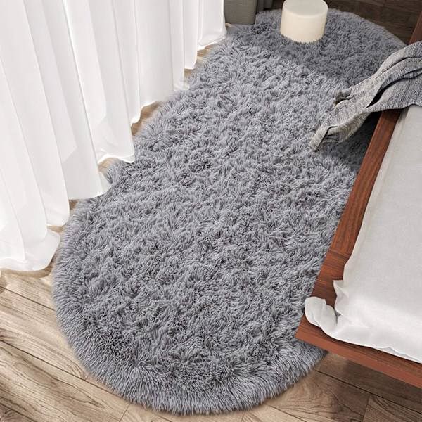 Oval fluffig ultra mjuk matta för sovrum plysch lurvig matta för barnrum sängsida plantskola mattor, 1,6 x 5,2 fot, grå