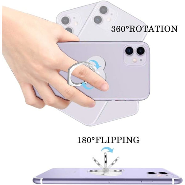 6-delt transparent mobiltelefon ringholder (hjerteformet og rund), cirkulær ring og hjerteformet 360 graders roterende universel ringspændegreb