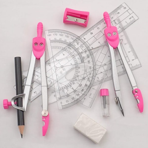 Geometriasarjat piirustuskompassi, viivaimet, astelevy, opiskelijoille, pinkki